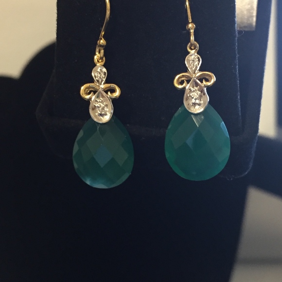 Genuine BEAUTIFUL GREEN ONYX Earrings 18K GOLD/SIL - Picture 7 of 8